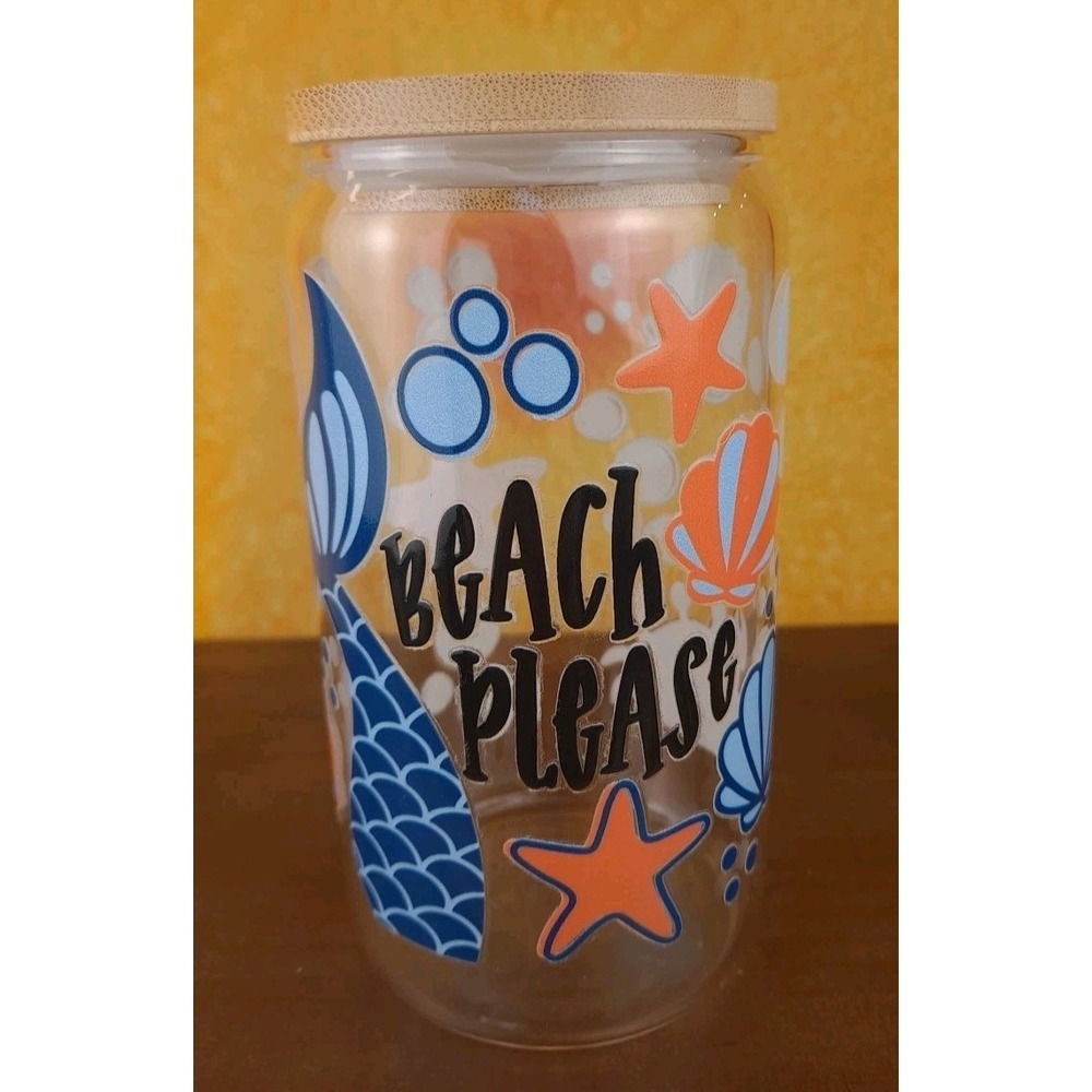 Bleach Please Mermaid Tail Shells‎ 12oz Glass Cup Lid And Plastic Straw